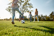 © Svitlana - Where family fun begins. Happy family playing with a ball on meadow