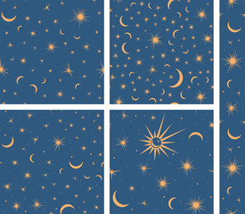 Collection of seamless pattern with suns, moons and stars. Vector gold and blue illustration. Print could be used for textile, zodiac star yoga mat, underwear