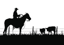 A Vector Silhouette Of A Working Ranch Cowboy On A Horse With Two Young Cows.