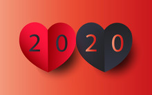 2020 Lettering In Black And Red Heart. Christmas And Valentine's Day Vector