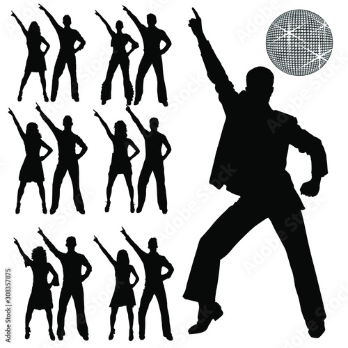 Fotografía Vector silhouettes of men and women disco dancing.