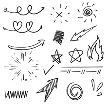 Doodle Set Elements, Black On White Background. Arrow, Heart, Love, Star, Leaf, Sun ,light, Check Marks,Swishes, Swoops, Emphasis ,swirl, Heart Cartoon Style