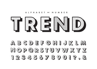 Memphis alphabet & number set. Vector Black & white pattern typography. Font collection for headline or title design of poster, brochure, scrapbook or print. 