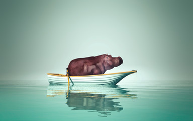 hippo in a boat