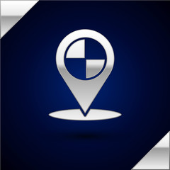 Silver Map pointer with taxi icon isolated on dark blue background. Location symbol. Vector Illustration