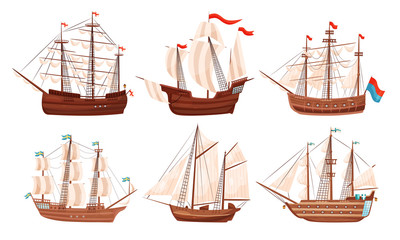 Wall Mural - vintage sailing ships collection, old wooden boats with white sails and flags vector illustration