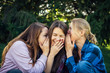 © exebiche - Three young attractive woman sharing secrets sitting on green grass in the park. Cheerful girlfriends gossip and whisper outdoor.