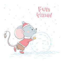 Wall Mural - Lovely cute cheerful mouse rolls a big snowball. Winter card with cartoon style animal.