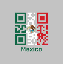 QR Code Set The Color Of Mexico Flag, A Vertical Tricolor Of Green White And Red With The Nation Coat Of Arms Centered On White.