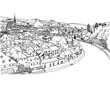Old town view from cesky Krumlov. Hand drawn, sketch