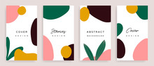 Social Media Stories And Post Creative Vector Set. Background Template With Copy Space For Text And Images Design By Abstract Colored Shapes,  Line Arts , Tropical Leaves  Warm Color Of The Earth Tone