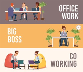 Wall Mural - Office Work, Company Big Boss, Coworking Space Trendy Flat Vector Banners, Posters Set. Company Employees Team Working in Office, Disabled Woman in Wheelchair, Coworkers Using Laptop Illustration