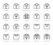 Shirt collars, jacket types flat line icons set. Formal clothing vector illustrations, classic white collar, tuxedo, polo. Outline pictogram for menswear store. Pixel perfect 64x64. Editable Strokes