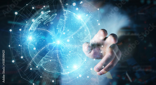 Businessman hand using Europe map globe network hologram 3D rendering