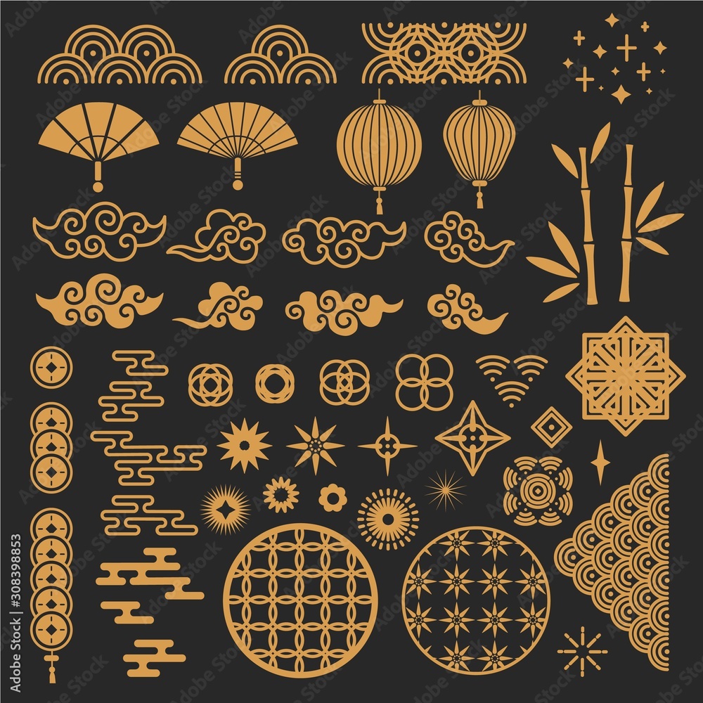 Chinese new year elements. Golden asian traditional pattern, cloud and decorative flower. Oriental lantern, bamboo stem and fan vector set. Traditional decoration oriental, golden pattern illustration - obrazy, fototapety, plakaty 