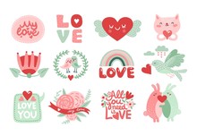 Love Scrapbook Elements. Valentines Day Lettering With Cat, Rabbits And Bird With Red Heart, Flowers And Crown. Romantic Labels Vector Set. Illustration Cat Love Romantic, Valentine Holiday Character