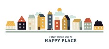 Town Panorama. Urban Landscape With Vintage City Buildings. Spring, Summer Cityscape With Cute Simple Houses On Street Vector Concept. Street Townhouse Front, Vintage Architecture Illustration