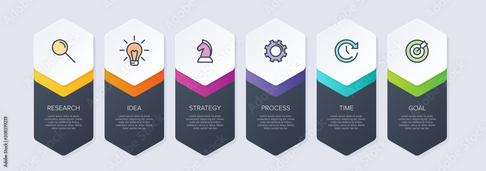 Concept of arrow business model with 6 successive steps. Six colorful graphic elements. Timeline design for brochure, presentation. Infographic design layout - obrazy, fototapety, plakaty 