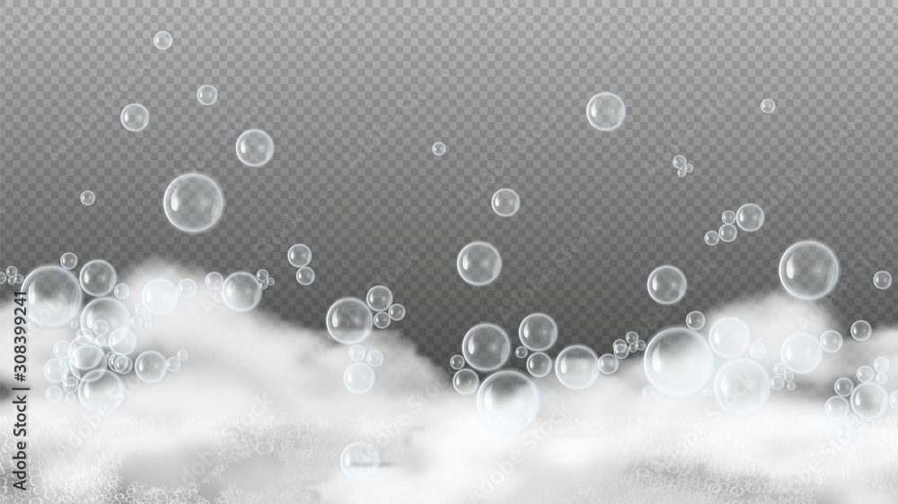 Soap foam. White suds, shiny water bubbles. Shampoo or shower gel lather isolated on transparent background. Realistic foam vector background. Illustration shampoo foam, soap white - obrazy, fototapety, plakaty 