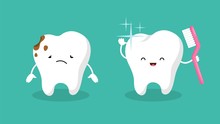 Teeth. Plaque Terth, Shiny White Tooth. Mouth Hygiene And Toothache. Dental Happy And Sad Vector Characters. Illustration Dental Hygiene Tooth