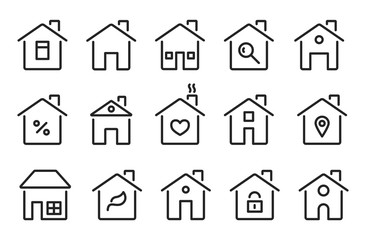 Poster - Home icons. Thin line modern houses, homes with roof, windows doors. Flat hotel cottage residence symbols. Isolated vector signs set. Illustration building mortgage, architecture urban icons house