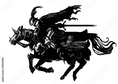Fotografía The silhouette of a knight rushing with great speed on horseback with a sword, in armor, a ragged cloak, and a helmet with a feather