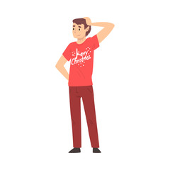 Wall Mural - Young Man Character Wearing Red T-shirt Standing with One Hand on his Head Vector Illustration Vector Illustration