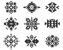 Tribal Indian Ornaments. Ethnic Monochrome Geometric Patterns. Aztec, American Indian And Navajo Traditional Textile Embroidery Vector Set