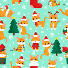 Childish Seamless Pattern. Cute Kawaii Cartoon Cat With Christmas Tree And Gifts. Happy New Year.
