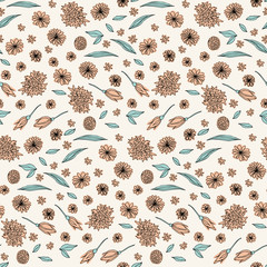 Floral vector seamless pattern with  flowers and leaves. Beautiful hand drawn flowers in  light pastel colors in vintage style.