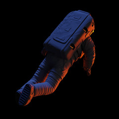 Sticker - flying astronaut from behind, isolated on black background (3d space illustration)