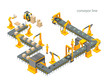© yayasya - Automatic factory with conveyor line and robotic arms. Assembly process. Vector illustration