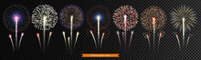 Set Of Bright, Realistic Fireworks On A Transparent Background. Vector Illustration