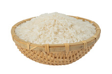 Raw Thai Fragrant Jasmine Rice (Oryza Sativa) In Bamboo Basket Isolated On White Background.concept For Agriculture