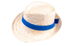 Straw Hat With Blue Ribbon On White Background Side View