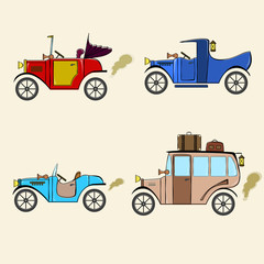 Set of vintage cars, bus and pickup in comics cartoon style on a beige background. Collection with retro car, bus and pickup.