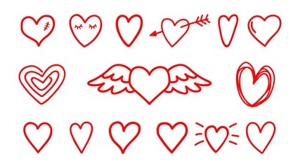 Wall Mural - hand drawn hearts icons. heart shaped linear, vector scribbles love symbols isolated on white