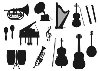 Wall Mural - Musical instrument isolated monochrome icons. Vector classic, jazz and folk music tools. Retro drum and violin, piano and trumpet, maracas and horn. Guitar and harp, gramophone and trumpet, cello