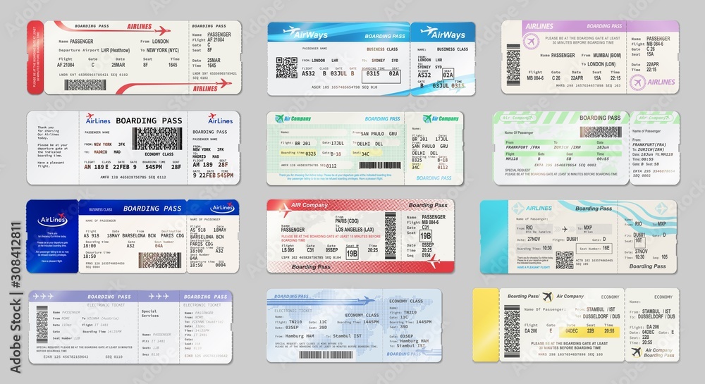 Airways tickets and boarding passes mockups. Vector avia company traveling by plane documents with time of departure and arrival, seat number and date. Avia boarding pass with QR2 or barcode symbol - obrazy, fototapety, plakaty 