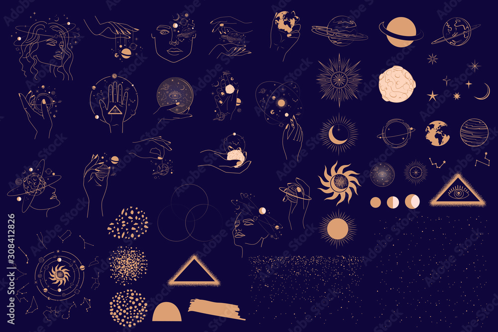 Collection of Mystical and Astrology objects, Woman face, Space objects, planet, constellation, magic ball, human hands. Minimalistic objects made in the style of one line. Editable vector illustratio - obrazy, fototapety, plakaty 