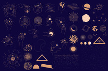 Collection Of Mystical And Astrology Objects, Woman Face, Space Objects, Planet, Constellation, Magic Ball, Human Hands. Minimalistic Objects Made In The Style Of One Line. Editable Vector Illustratio