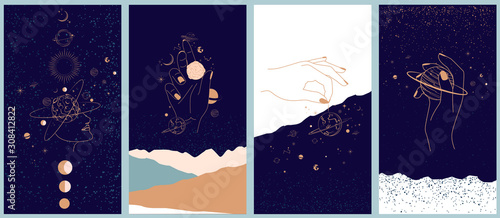 Fotografía Collection of space and mysterious illustrations for Mobile App, Landing page, Web design in hand drawn style