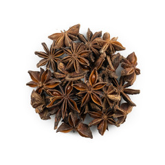 Pile of Star anise (Illicium verum) isolated on white background.Spices or seasonings Herb concept from whole grains. Top view, Flat lay