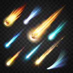 meteors rain with comets and space bodies on transparent. vector neon glowing fast moving particles,