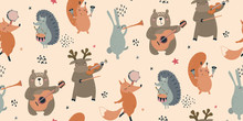 Vector Seamless Pattern With Hand Drawn Wild Forest Animals With Musical Instruments.