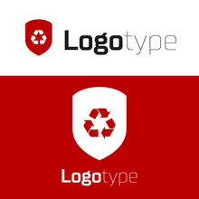 Red Recycle Symbol Inside Shield Icon Isolated On White Background. Eco Protection Sign. Logo Design Template Element. Vector Illustration