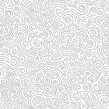 Black And White Hand Drawn Doodle Swirls, Swashes Vector Seamless Pattern. Whimsical Decorative Print Background