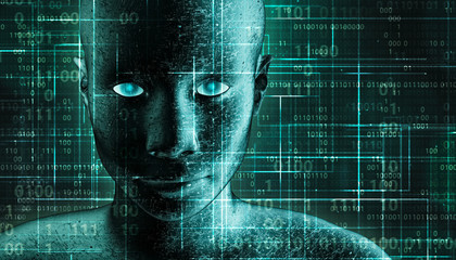 Wall Mural - futuristic and sci-fi human android portrait with pcb metallic skin and binary code green background