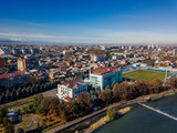 Fototapeta Miasto - Vladikavkaz, capital of North Ossetia. Panorama of historical downtown from drone flight
