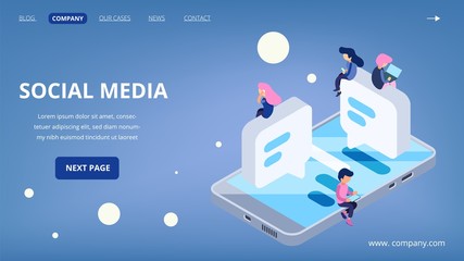 Wall Mural - social media landing page. virtual communication vector concept. isometric people with gadgets, lapt